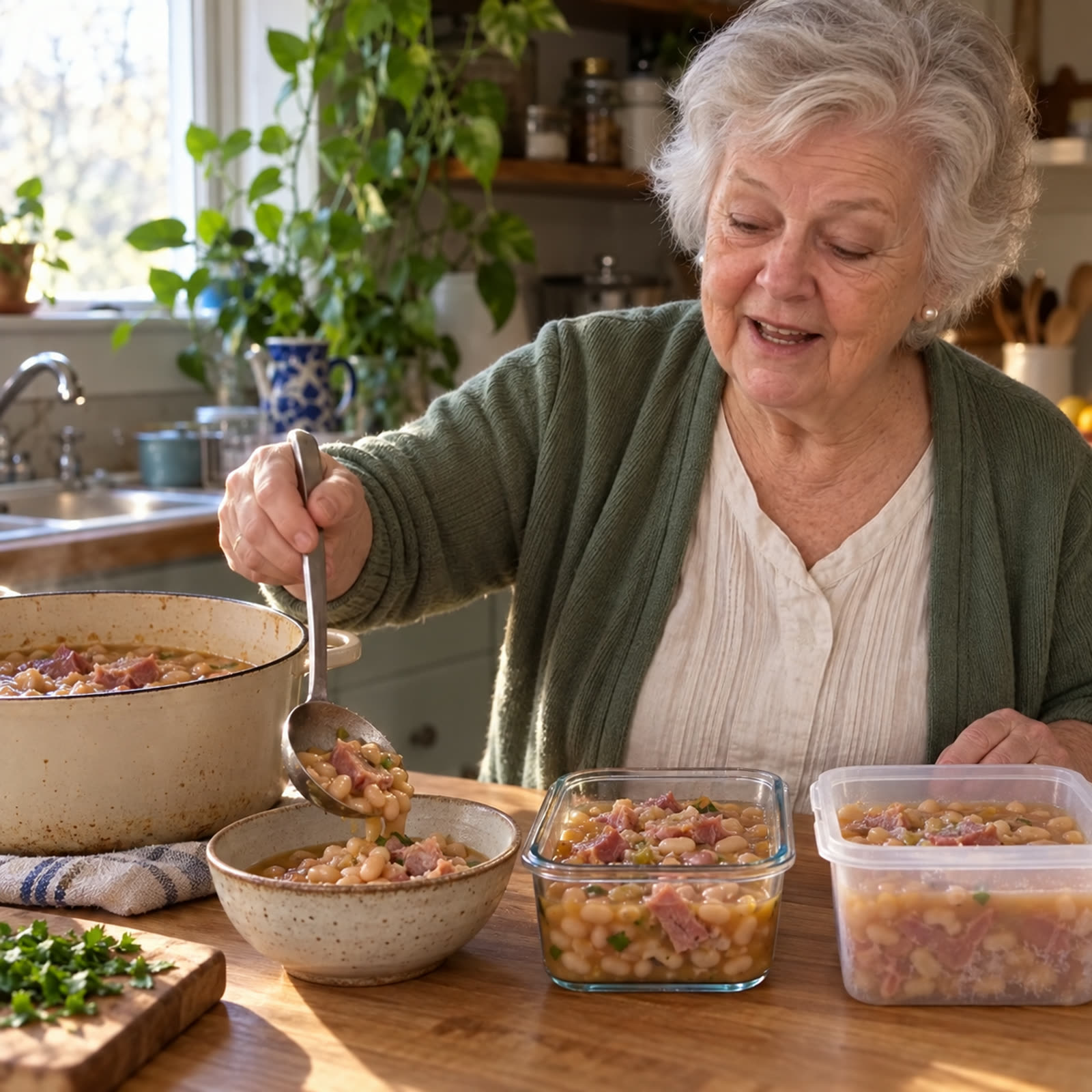 Verna dividing a pot of beans into three containers