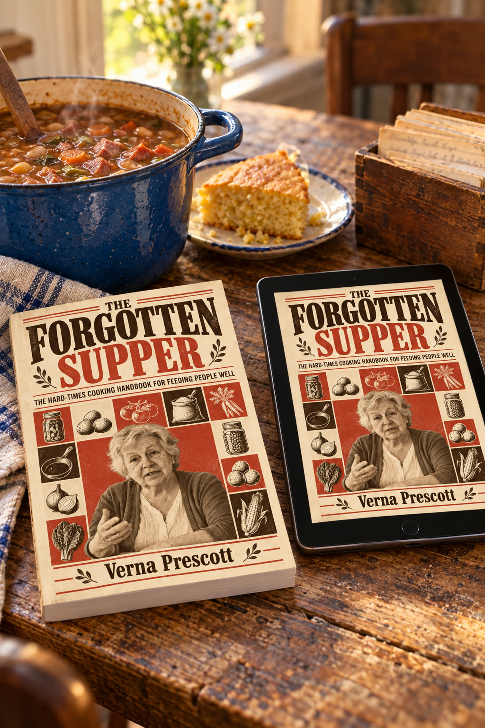 The Forgotten Supper book and tablet on a farmhouse table