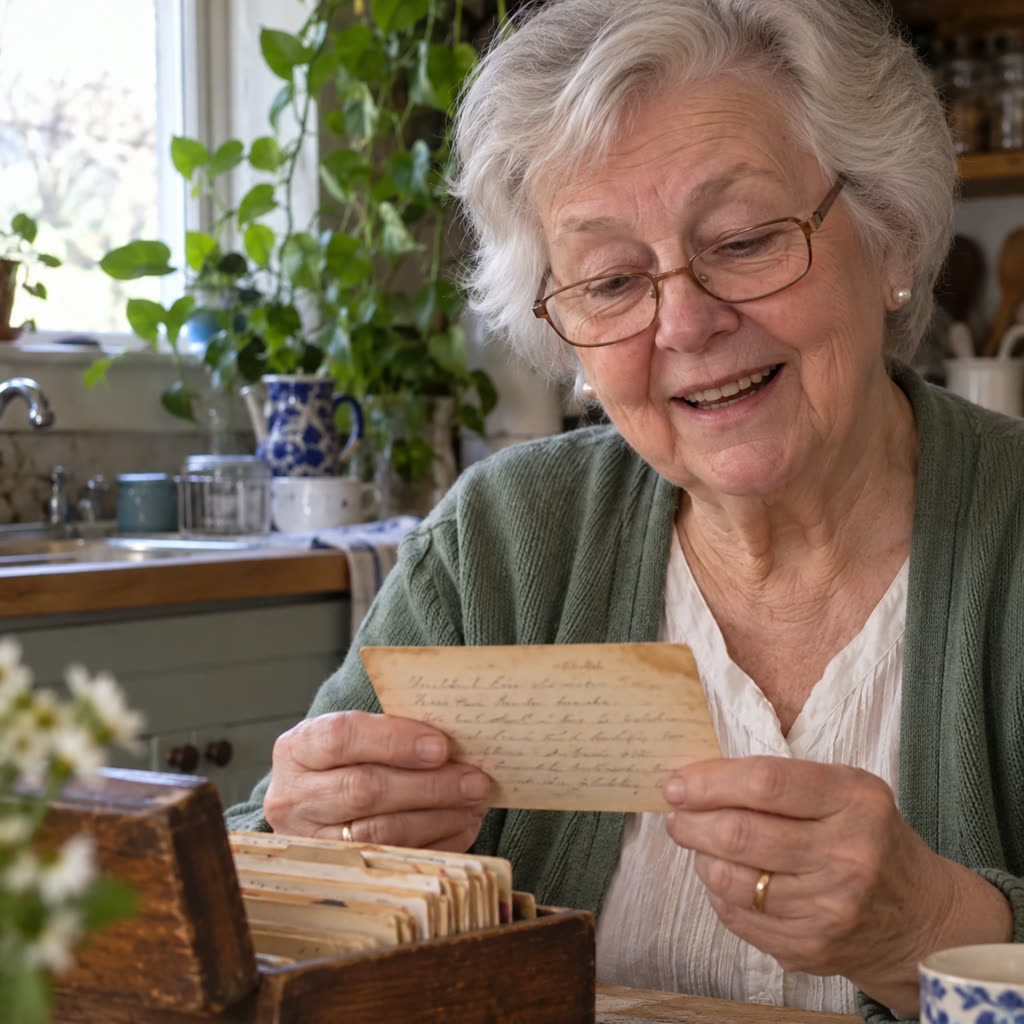 Verna Prescott reading a handwritten recipe card from Opal's recipe box