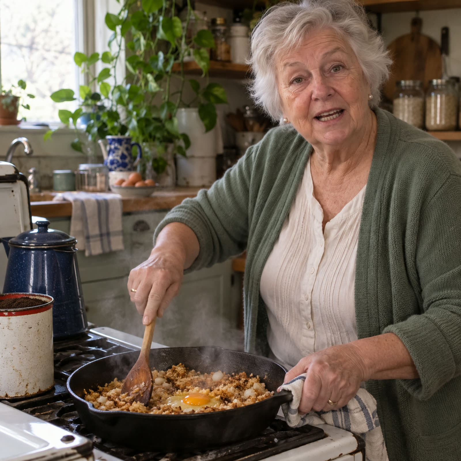 Verna stirring a skillet of browned rice, onion and egg